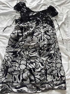 Marciano Black Sequin Bodice Black and White Floral Mini Dress